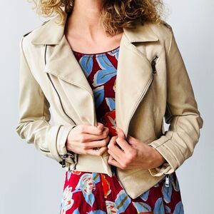 LA Coalition Cream Vegan Leather Moto‎ Jacket Cropped Zip – NWD